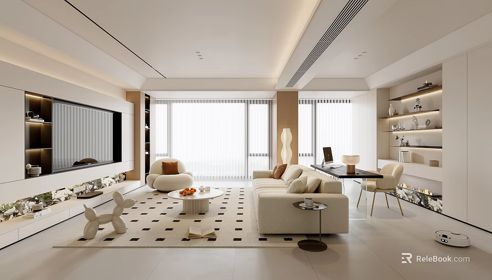 Modern Living Room With White Sofa Coffee Table Geometric Rug And Floor Lamp 3d model 