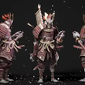 Game And Movie Skeleton Samurai Character Wearing Traditional Armor Holding Swords With Cherry Blossom Petals