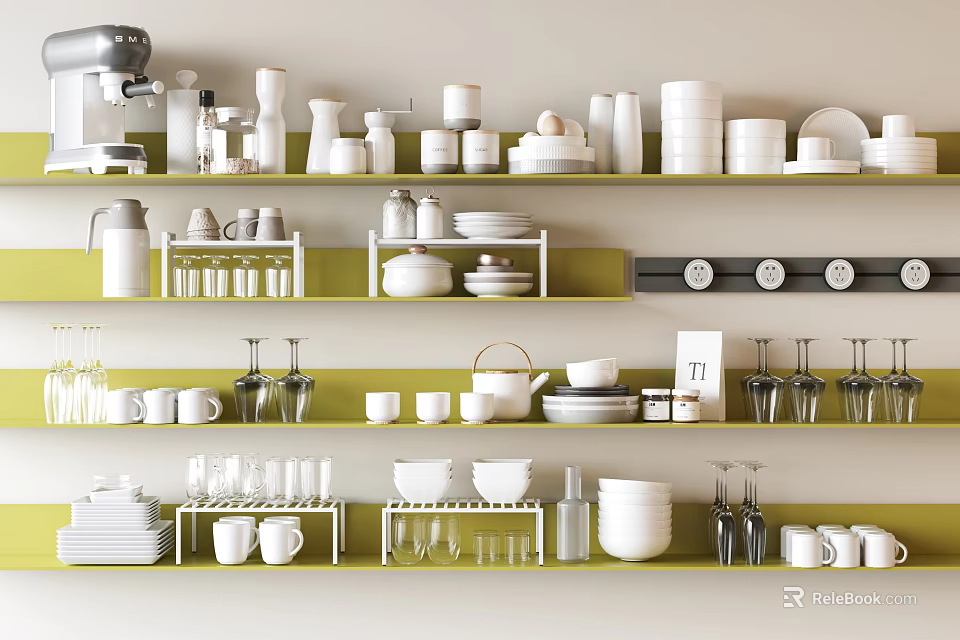 Organized Modern Kitchen Tableware Collection With Bowls Plates Cups Glasses On Shelves 3d model 
