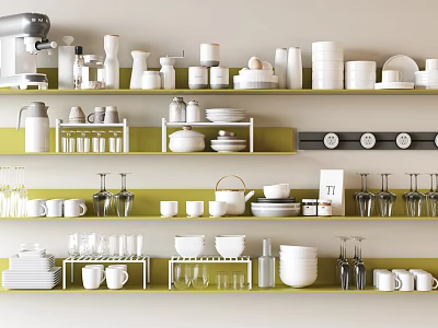 Organized Modern Kitchen Tableware Collection With Bowls Plates Cups Glasses On Shelves 3d model