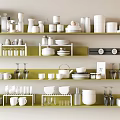 Organized Modern Kitchen Tableware Collection With Bowls Plates Cups Glasses On Shelves