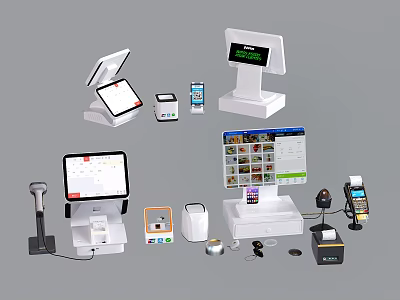 Essential Commercial Equipment With POS Terminals Touchscreen Displays Receipt Printers Barcode Scanners And Payment Devices 3d model