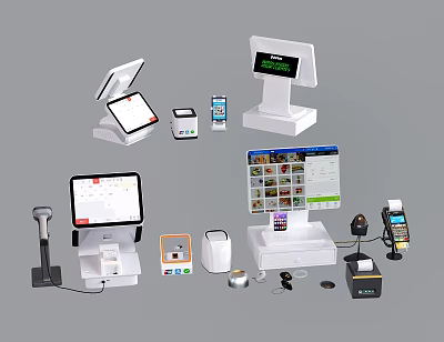 Essential Commercial Equipment With POS Terminals Touchscreen Displays Receipt Printers Barcode Scanners And Payment Devices 3d model
