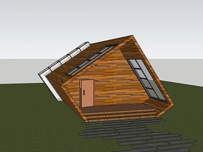Slanted Wooden House With Solar Panels On Roof And Front Steps Pathway 3d model