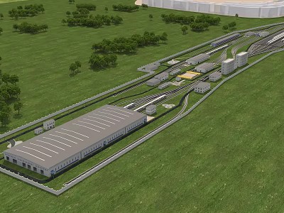 Industrial Factory Building With Metal Roof Green Grass Trees And Railway Tracks In Open Area 3d model