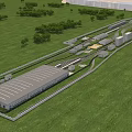 Industrial Factory Building With Metal Roof Green Grass Trees And Railway Tracks In Open Area