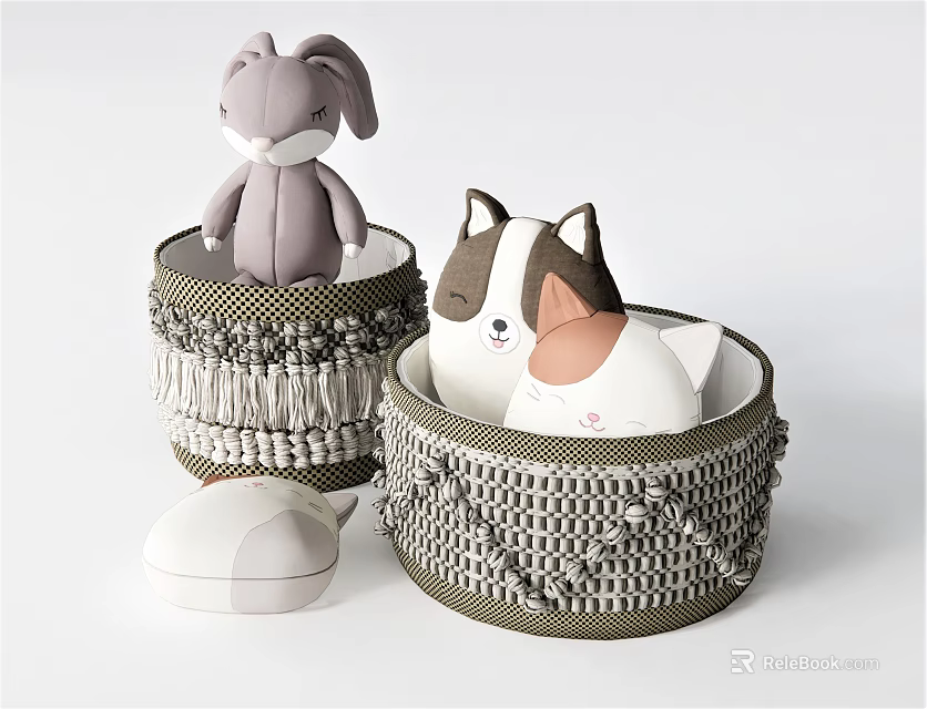 Gray Woven Storage Baskets with Tassel Trim for Storing Stuffed Toys 3d model 