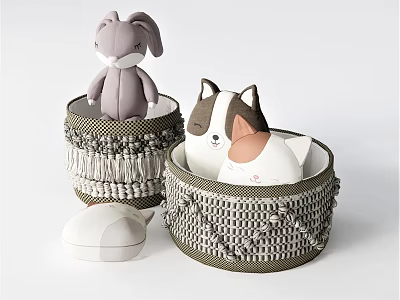 Gray Woven Storage Baskets with Tassel Trim for Storing Stuffed Toys 3d model