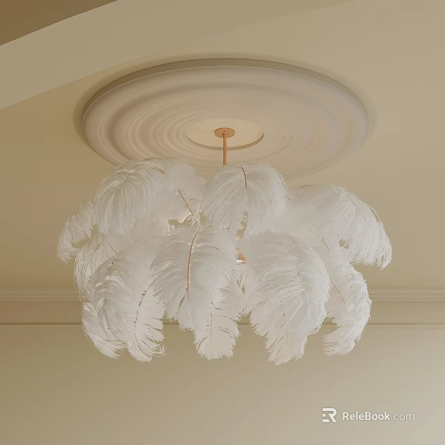 Elegant White Feather Chandelier With Soft Plumes And Ceiling Mount Design 3d model 