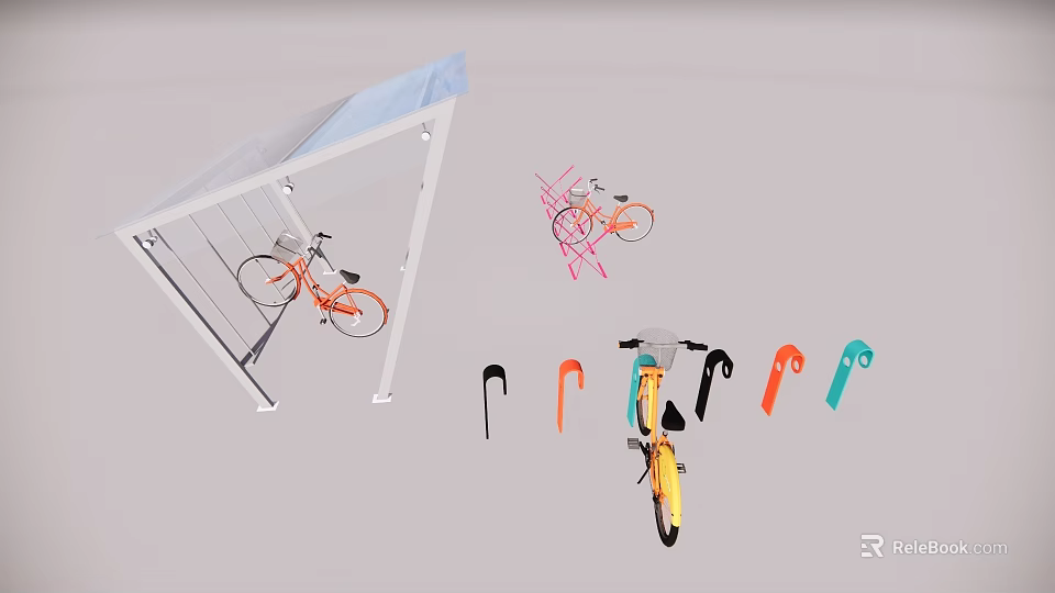 Colorful Bicycles With Triangular Storage Rack Hanging Hooks And Orange Pink Yellow Frames 3d model 