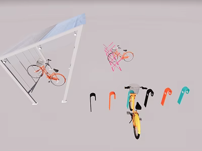 Colorful Bicycles With Triangular Storage Rack Hanging Hooks And Orange Pink Yellow Frames 3d model
