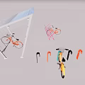 Colorful Bicycles With Triangular Storage Rack Hanging Hooks And Orange Pink Yellow Frames