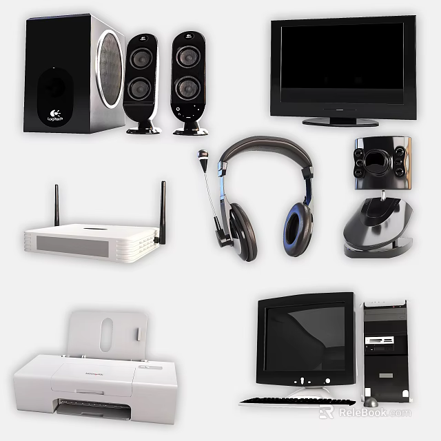 Top Computer Accessories and Devices with Speakers Headphones Router Printer Monitor Desktop 3d model 