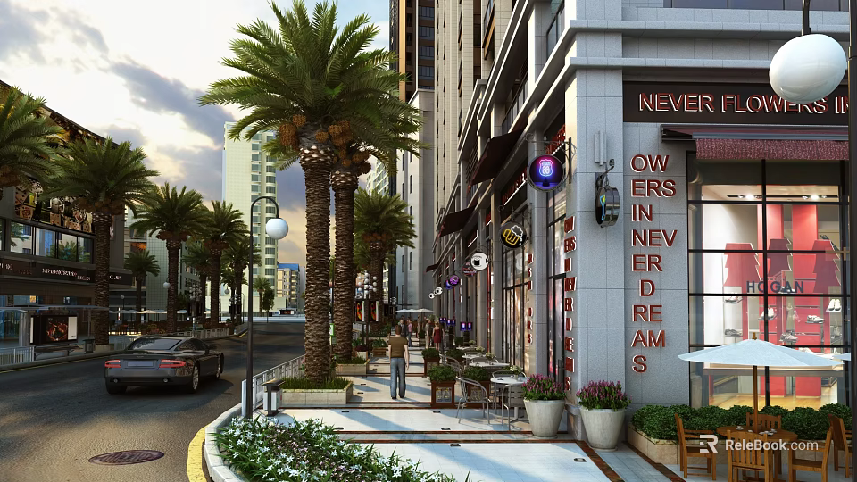 Bustling Commercial Street With Palm Trees Tall Buildings Shops Outdoor Seating And Pedestrians 3d model 
