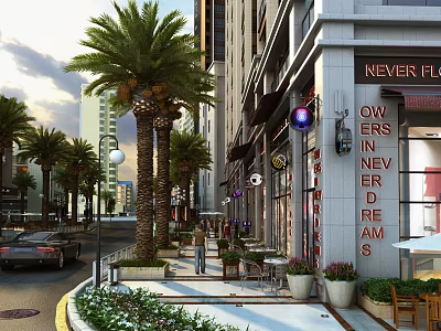 Bustling Commercial Street With Palm Trees Tall Buildings Shops Outdoor Seating And Pedestrians 3d model
