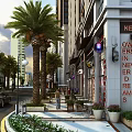 Bustling Commercial Street With Palm Trees Tall Buildings Shops Outdoor Seating And Pedestrians