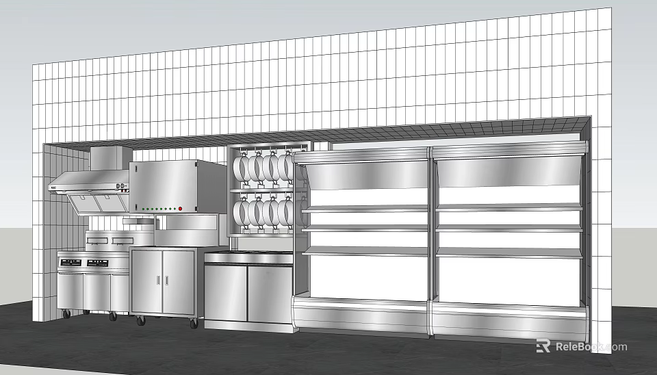 Commercial Kitchen Interior With Stainless Steel Appliances And Storage Racks 3d model 