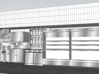 Commercial Kitchen Interior With Stainless Steel Appliances And Storage Racks 3d model