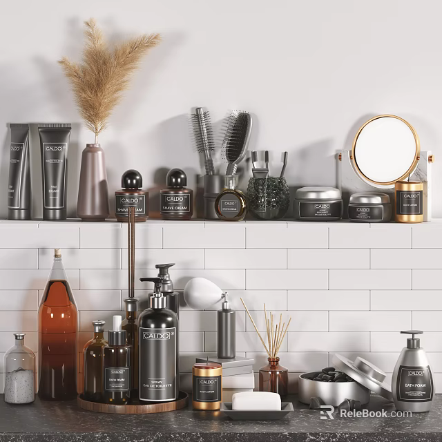 Organized Bath and Daily Essentials with Shampoo Bottles Combs Mirrors on White Tiled Wall Shelf 3d model 