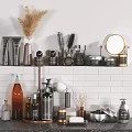 Organized Bath and Daily Essentials with Shampoo Bottles Combs Mirrors on White Tiled Wall Shelf