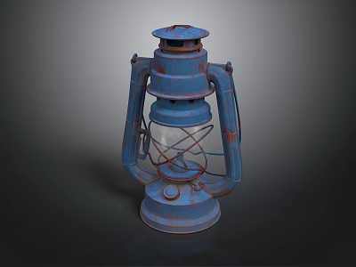 Vintage Blue Kerosene Lamp With Rustic Metal Frame And Glass Shade 3d model