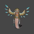 Game Movie Character in Egyptian Style With Golden Wings Snake Motifs Ornate Outfit Blue Decorations