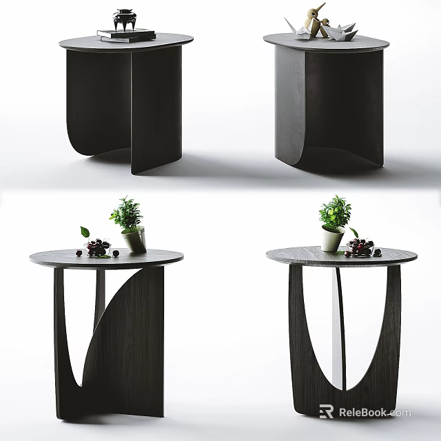 Modern Round Table With Wooden Curved Base And Marble Top Decorated With Plant And Berries 3d model 