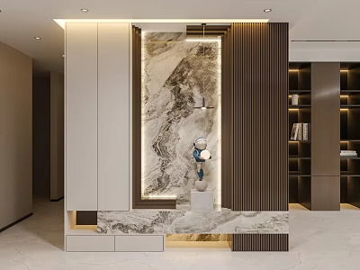 Modern Entryway Hallway Design With Marble Wall Storage Cabinets And Recessed Lighting 3d model