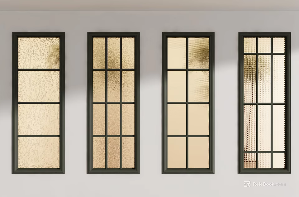 Modern Windows With Black Frames And Grid Patterns On White Wall 3d model 