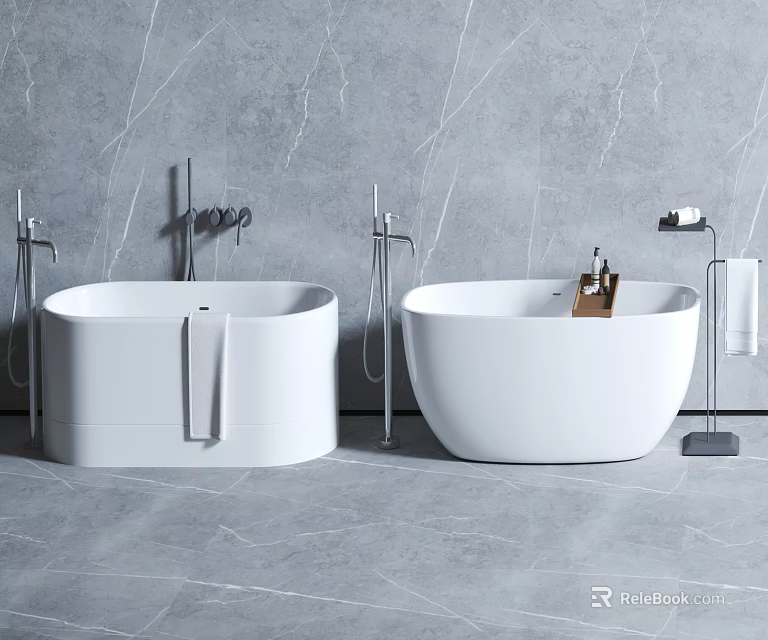 Modern Bathroom Interior With Two White Bathtubs And Marble Accents 3d model 