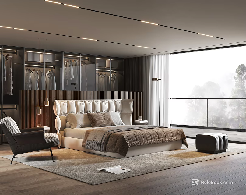 Modern Bedroom Interior Featuring Large Bed Dark Armchair Large Window Tree View And Wooden Flooring 3d model 