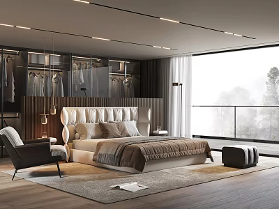 Modern Bedroom Interior Featuring Large Bed Dark Armchair Large Window Tree View And Wooden Flooring 3d model