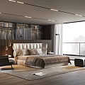 Modern Bedroom Interior Featuring Large Bed Dark Armchair Large Window Tree View And Wooden Flooring