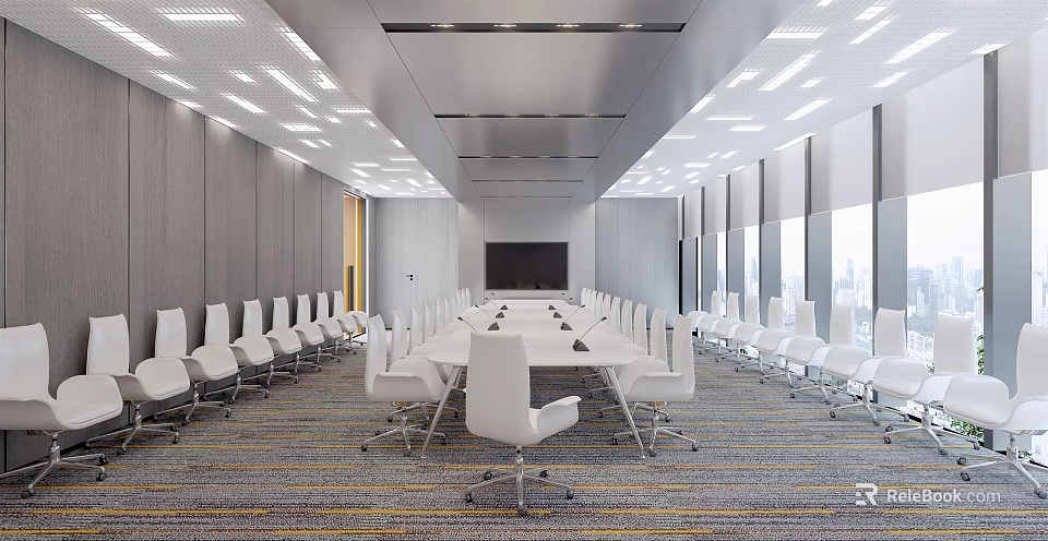 Modern Conference Room Interior Design With Long Table White Chairs Large Screen And Windows 3d model 