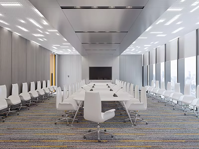 Modern Conference Room Interior Design With Long Table White Chairs Large Screen And Windows 3d model