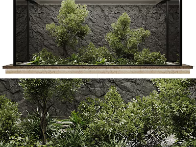 Lush Green Plants And Various Flowers In Natural Garden With Stone Wall Background 3d model