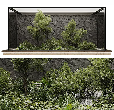 Lush Green Plants And Various Flowers In Natural Garden With Stone Wall Background 3d model