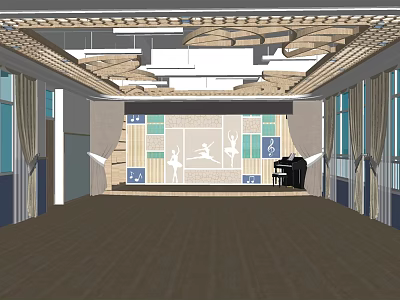 Spacious Sports Fitness Dance Studio Featuring Wooden Floor Dance Silhouettes Piano And Windows 3d model