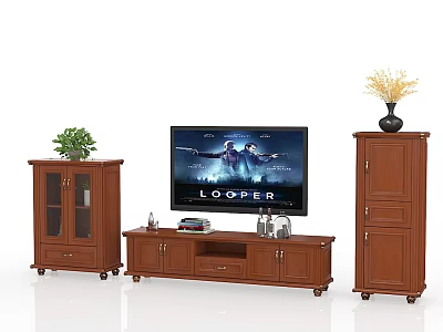Wooden TV Stand With Side Storage Cabinets Potted Plant And Vase Decoration 3d model