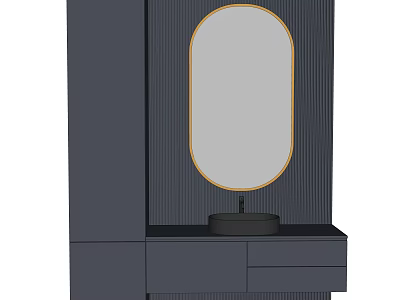 Washbasin Design With Oval Gold Frame Mirror Dark Countertop Vertical Striped Wall And Drawers 3d model