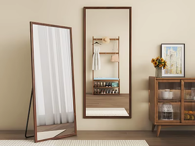 Stylish Floor And Wall Mirrors In Modern Room With Wooden Cabinet Vase Flowers Framed Painting 3d model