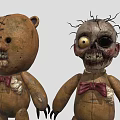 Scary Stitched Bear And Human Shaped Dolls With Torn Fabric Sharp Claws Red Bow Ties