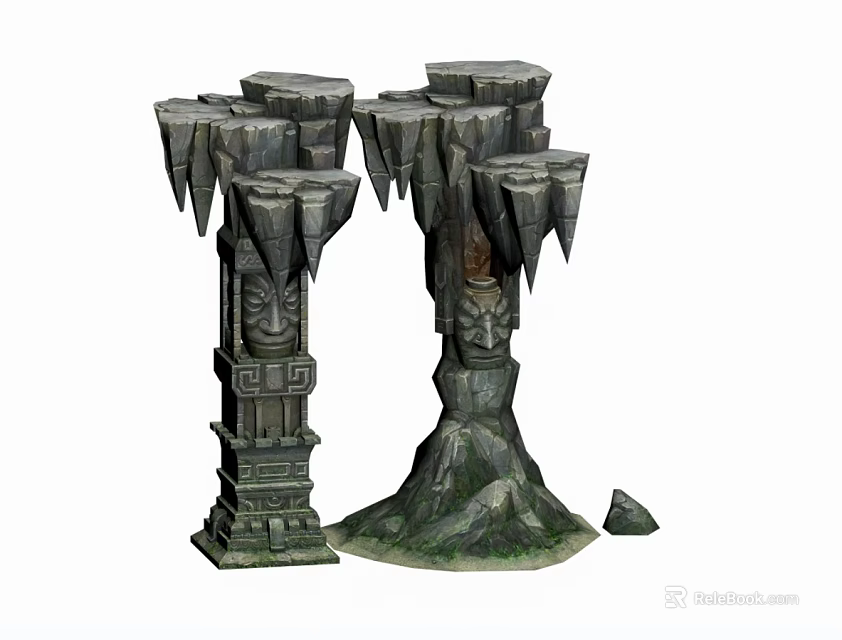 Ancient Carved Stone Pillars With Icicle Like Top And Broken Base Stones 3d model 