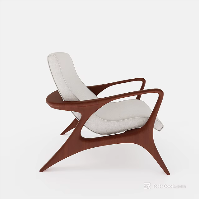 Modern Armchair With White Upholstered Cushion And Wooden Curved Frame Design 3d model 