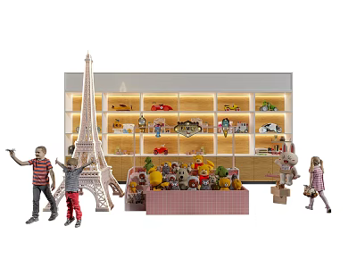 Toy Store Display Shelves with Stuffed Toys Car Models and Eiffel Tower Decoration with Dolls 3d model