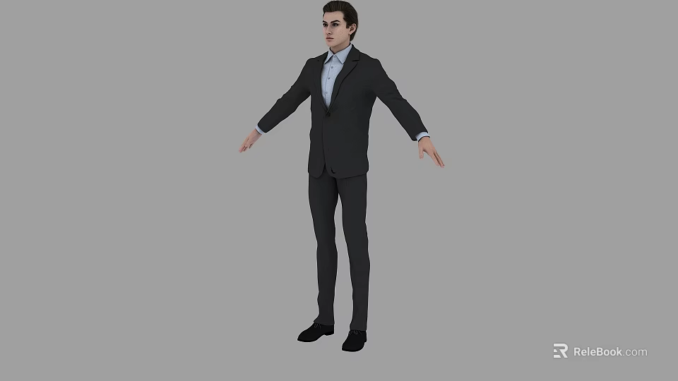 A Man in Formal Suit Standing with Arms Outstretched Against Grey Background 3d model