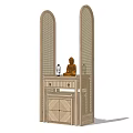 Stylish Decorative Console Table With Arched Rattan Screens Drawers And Buddha Statue