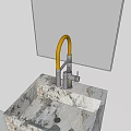 Modern Yellow Curved Spout Silver Faucet Over Marble Sink With Mirror