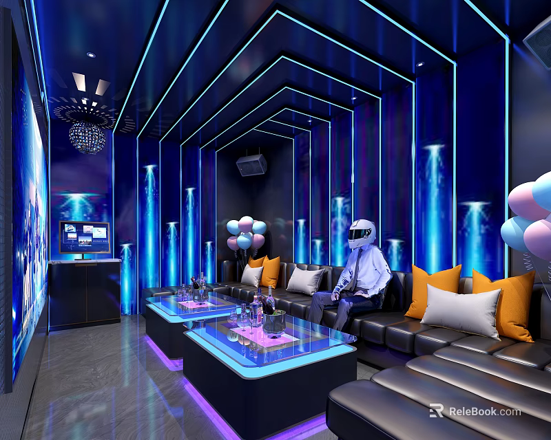 Modern KTV Interior With Blue Neon Lighting Comfortable Sofas Glass Tables And LED Screens 3d model 