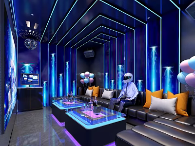 Modern KTV Interior With Blue Neon Lighting Comfortable Sofas Glass Tables And LED Screens 3d model